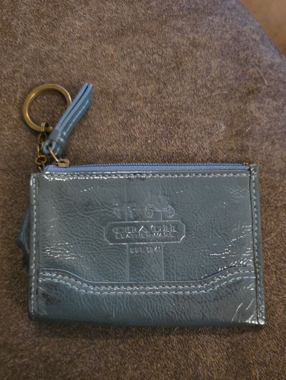 Coach Gray Patent Leather Zip Card Case with Keyring